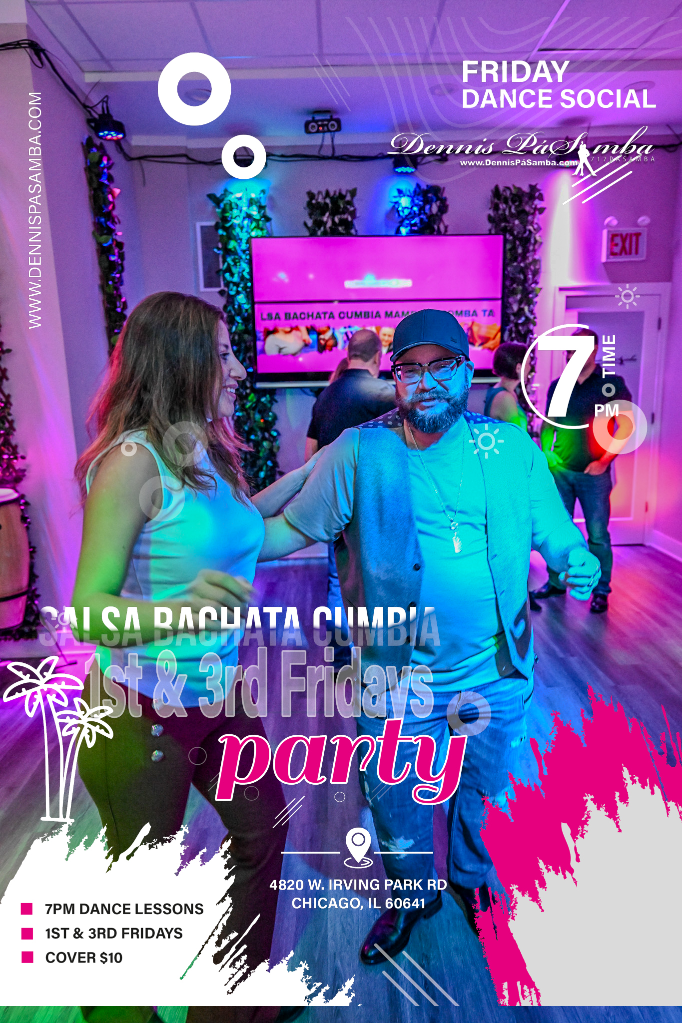 A smiling man and woman dance together in a colorful, neon-lit room during a salsa, bachata, and cumbia social. Text on the image promotes a Friday dance party with lessons at 7pm in Chicago.